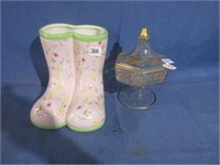 candy dish and boot planter, boots have been repa.