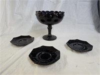 Indiana Glass Black Amethyst Compote, 3 Saucers