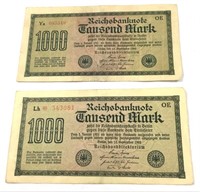 1922 German 1000 mark banknotes.