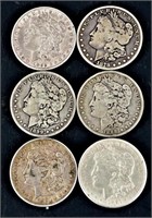 6 Morgan Silver Dollars O S 1878, 1882, 1899