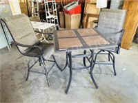 tall aluminum patio table w/ tile top & 2 stools