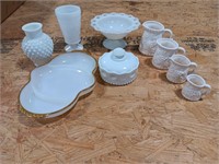 Dishes white milk glass. Vegetable tray