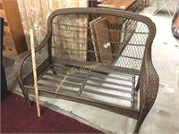 BROWN FAUX RATTAN LOVESEAT (NO CUSHIONS)