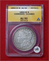 1892 CC Morgan Silver Dollar ANACS AU50 Details