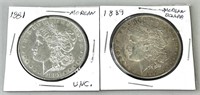 1881 & 1889 Morgan Silver Dollars.
