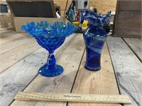 Blue Art Glass Compote and Vase