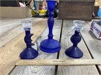 Blue Art Glass Candleholders