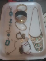Tray of costume jewelry gold tone and turquoise