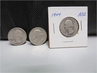3 Silver Quarters 1944 - 1960D - 1964D