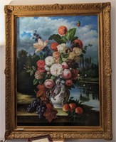 LARGE FLORAL WITH PIONES FRAMED OIL ON CANVAS