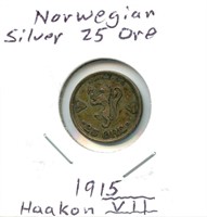 Norwegian Silver 25 Ore 1915 Haakon VII