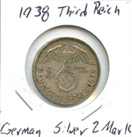 1938 Third Reich German Silver 2 Mark