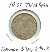 1937 Third Reich German Silver 2 Mark