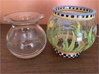 Vases: heavy clear glass vase and painted