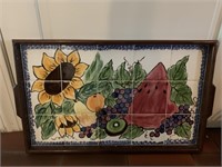 Wood tray with tile bottom painted by Savannah