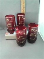 Set of 4 Anchor Hocking red glass tumblers 40th