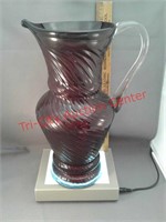 Red glass pitcher with clear handle - hand blown