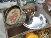 BOX OF VINTAGE CANS, SILVER PLATED ITEMS