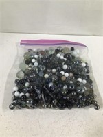 BAG OF BLACK / WHITE & CLEAR VINTAGE MARBLES