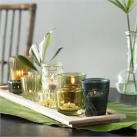 WOOD TRAY & GLASS VOTIVE HOLDERS 10PC SET