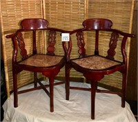 Asian Carved Corner Chairs with Marble Seats