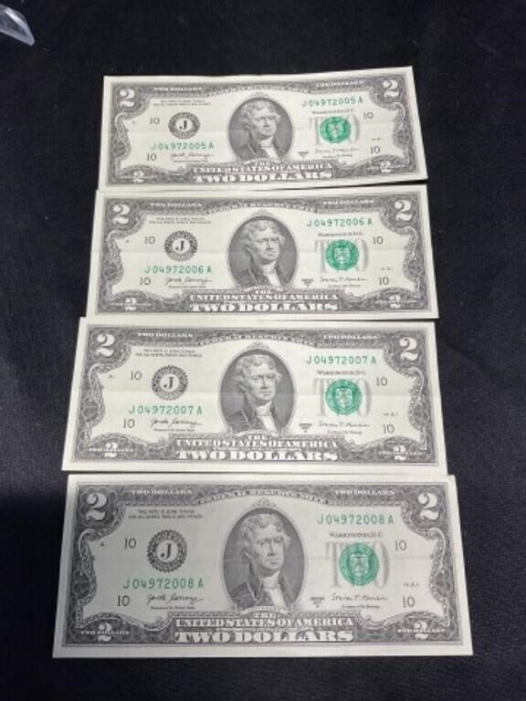 Four $2 Bills Consecutive Serial Numbers
