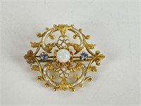 14K Gold Brooch Pendant w/ Opal and Sapphires
