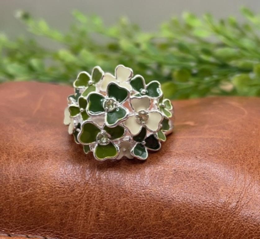 Green Enamel Floral .925 Sterling Silver Ring