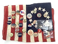 28 Political Buttons FDR+, Donkey Pin, Flag