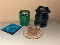 Depression Glass Teacup, Canisters & Ashtray