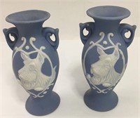 Pair Of Japan Blue Jasperware Dog Vases