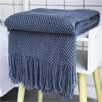 LOMAO Knitted Throw Blanket with Tassels, Navy