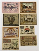 Sheet of (8) German Notgeld (Inflation Money)