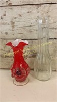 Red Blown Glass Vase - White Inside & Bud Vase