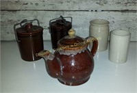 Tea Pot, 2 Lidded Jars & 2 Crock Style Vases