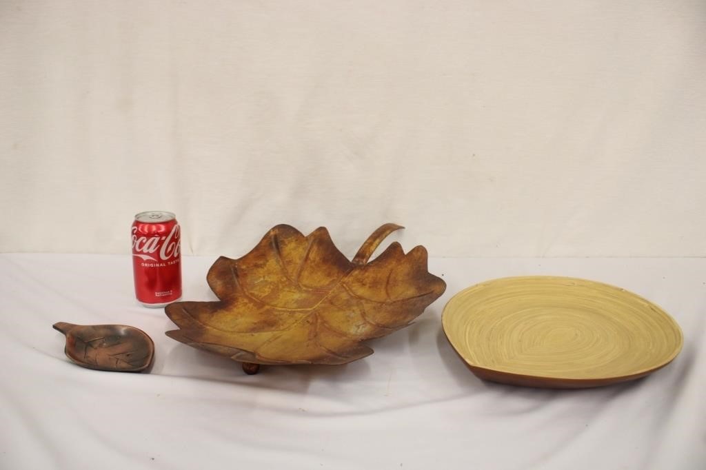 3 Wood & Metal Decorative Leaf Dishes