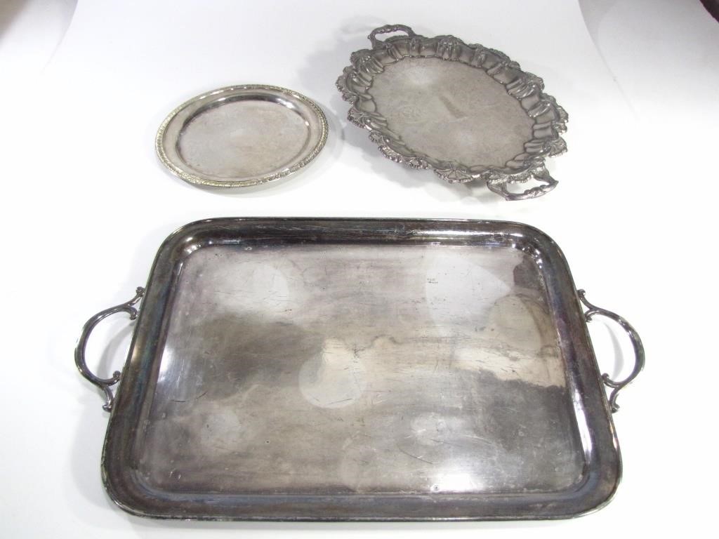 3 ASSORTED SILVERPLATE SERVING TRAYS
