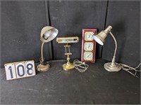 3 Assorted Desk Lamps & Weather Gauge