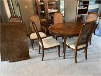 Dining Table w 6 Chairs, Leaf & Pads Wood Vintage