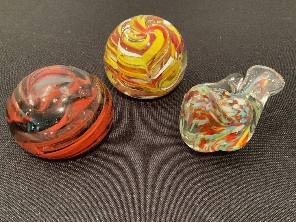 3 VTG Art Glass Paper Weights