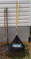 Outside tools, rakes, shovel and hoe