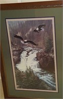 Large print of eagles flying over waterfalls