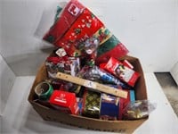 Box of Christmas Items: Lights, Tins, Bows, Boxes