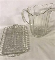 VINTAGE GLASS PITCHER AND VEGETABLE DISH