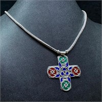 Sterling Silver Enamel Cross Pendant Necklace