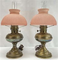 Vintage Oil Lamps w/ Pink Glass Shades