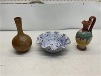 2  POTTERY VASES AND RUFFLED BOWL
