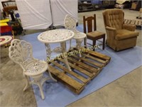 PLASTIC PATIO SET, WOODEN CHAIR, & ROCKING CHAIR