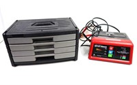 CEN-TECH BATTERY CHARGER AND TOOL BOX WITH TOOLS