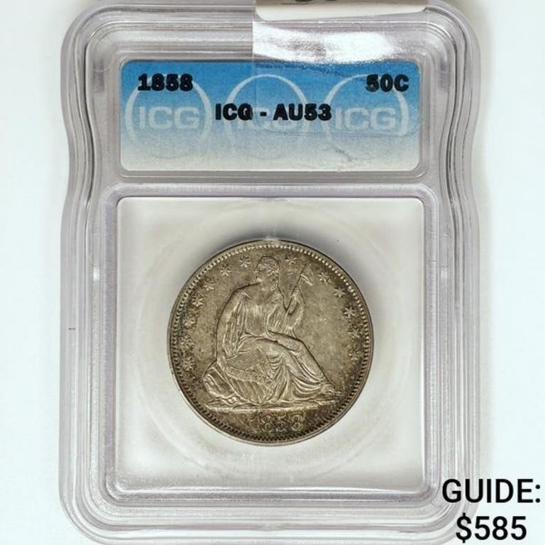 1858 Seated Liberty Half Dollar ICG AU53